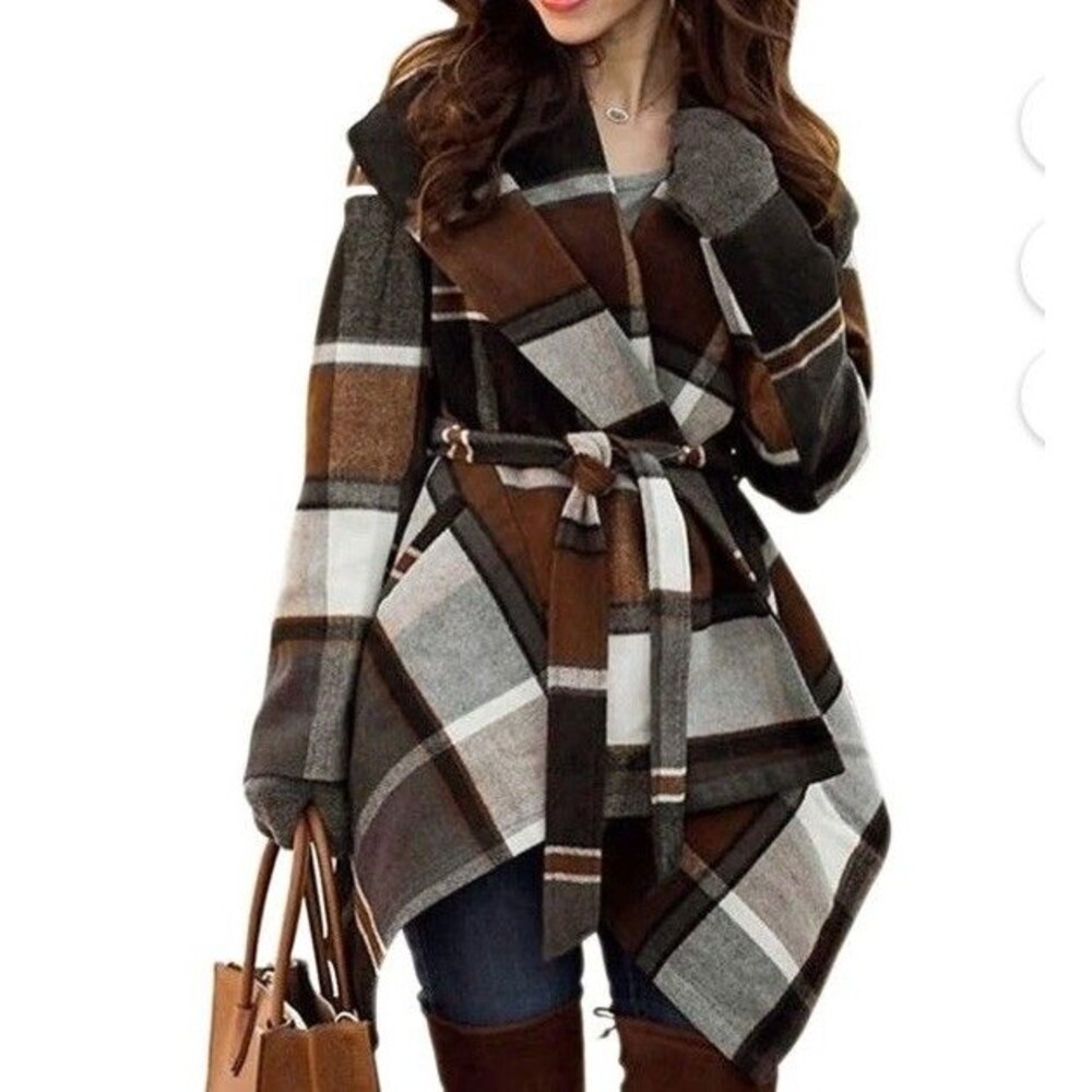 CHICWISH Women's Shawl Collar Neutral Check Wool Blend Coat-No Belt XS